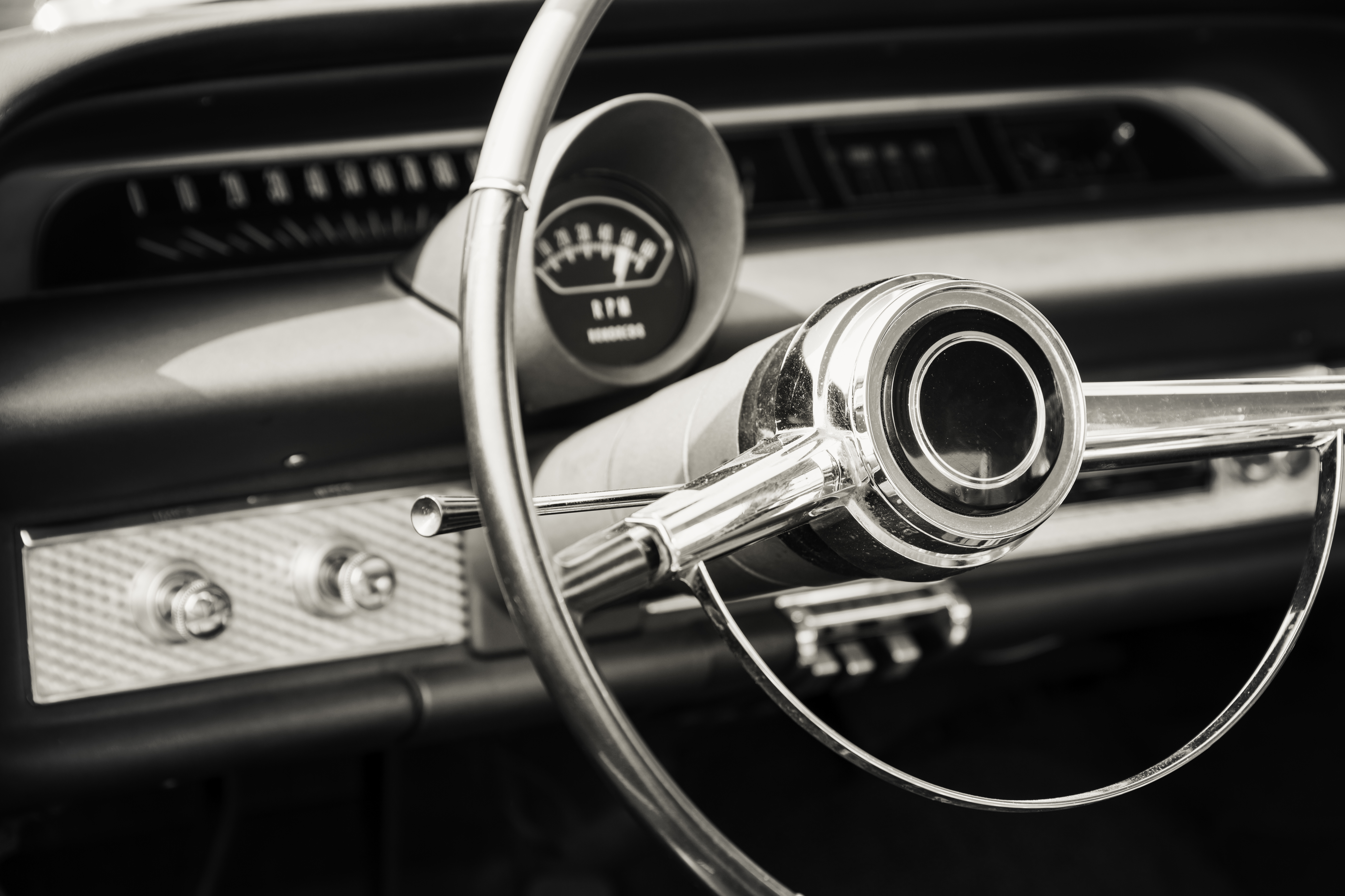 Classic car interior black and white.