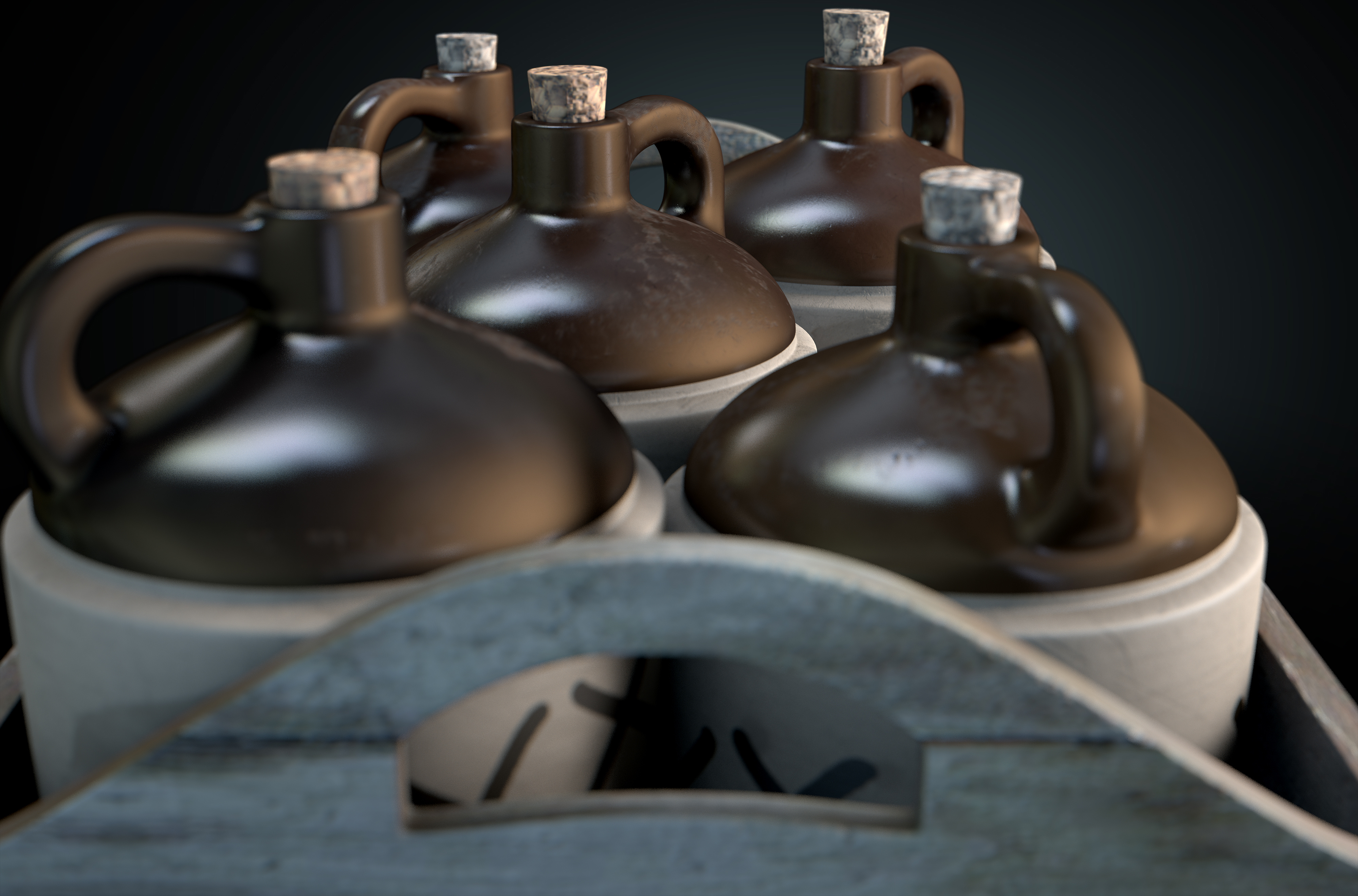 A 3D render of a collection of five vintage moonshine jugs in a wooden carry crate on an isolated dark studio background.