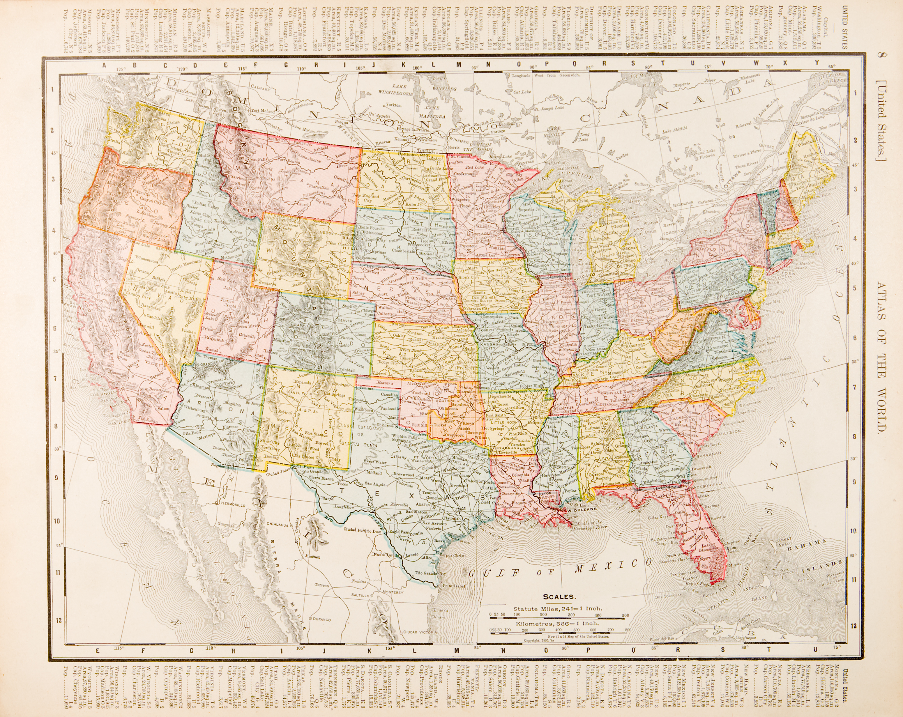 Antique Vintage Color Map United States of America.