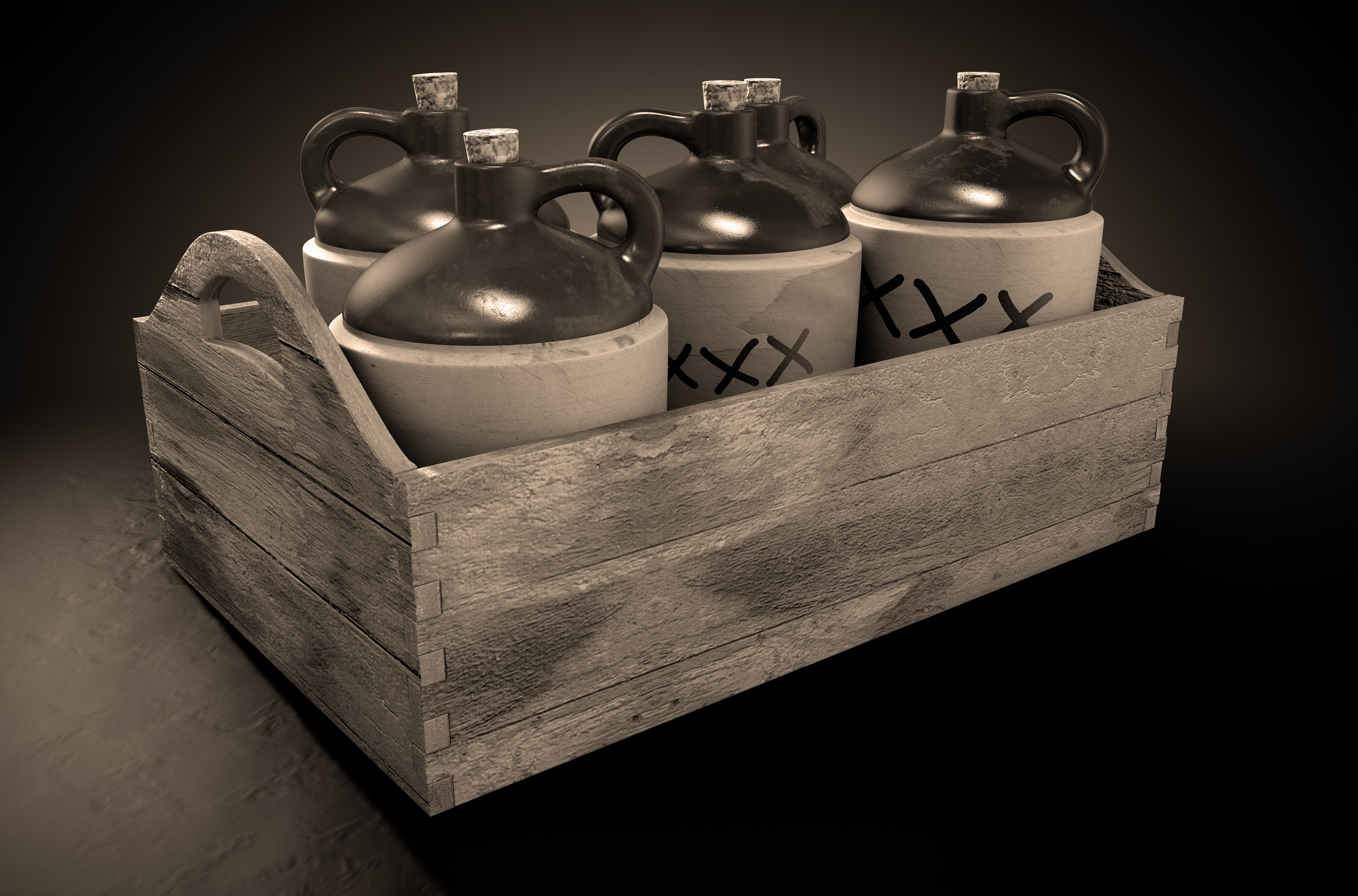 A 3D render of a collection of five vintage moonshine jugs in a wooden carry crate on an isolated sepia studio background