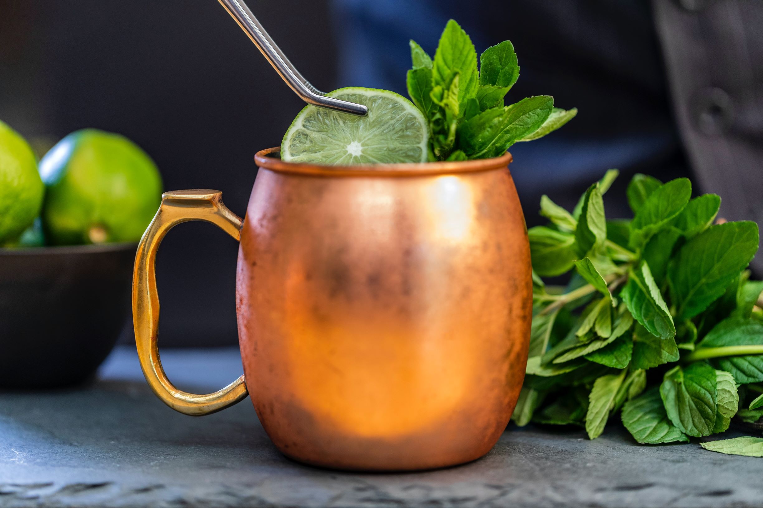 Mule in a copper mug with lime and mint.