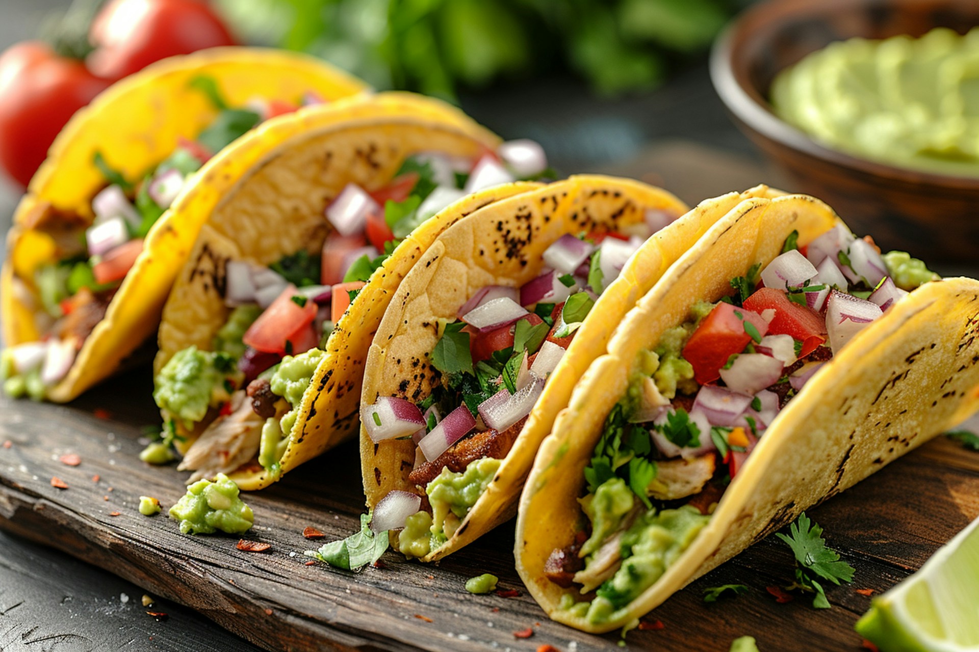 A line of tacos containing meat, salsa and guacamole